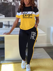 Contrast Color Striped Short Sleeve With Wide Leg Pants Suit - kinko