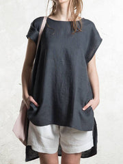 Round Neck Front Short Back Long Short Sleeve Top For Women - kinko
