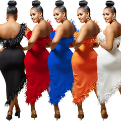 V-neck Sleeveless Chest Feather Irregular Midi Dress - kinko