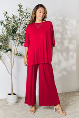 Double Take Full Size Round Neck Slit Top and Pants Set - kinko
