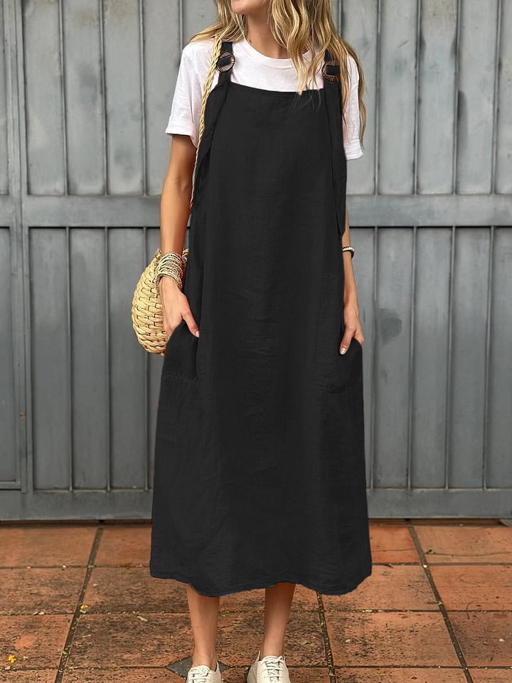 Summer Women's Adjustable Shoulder Strap Casual Cotton And Linen Dress - kinko