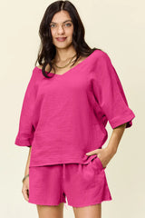 Double Take Texture Half Sleeve T-Shirt and Drawstring Shorts Set - kinko