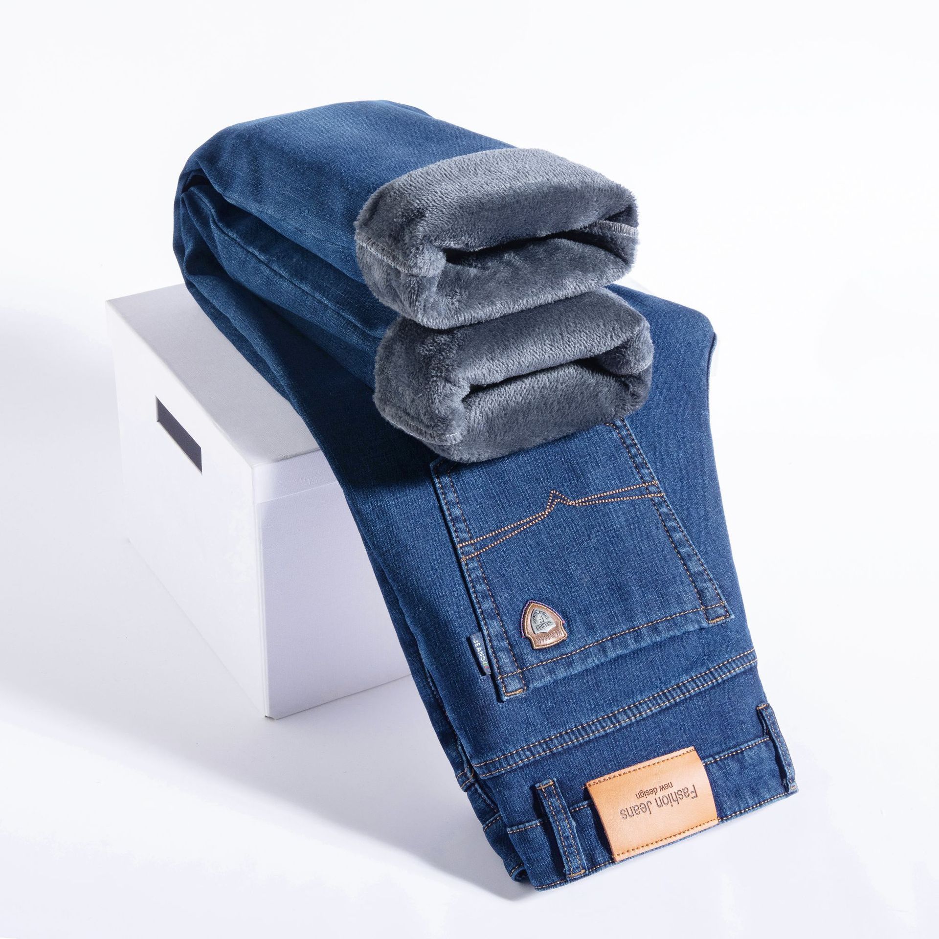Fleece-lined Men's Loose Straight Plus Size Jeans - kinko