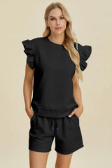Double Take Full Size Texture Round Neck Ruffle Sleeve Top and Shorts Set - kinko
