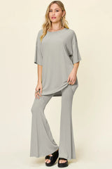 Double Take Full Size Round Neck Drop Shoulder T-Shirt and Flare Pants Set - kinko