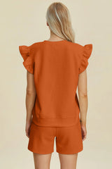 Double Take Full Size Texture Round Neck Ruffle Sleeve Top and Shorts Set - kinko