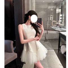 Puff Mesh Stitching Pearlescent Dress - kinko