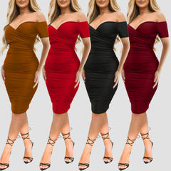 Women's Nightclub Off-shoulder Short Sleeve Dress Sexy Off The Shoulder Midi Dress Ruched Bodycon Dresses - kinko