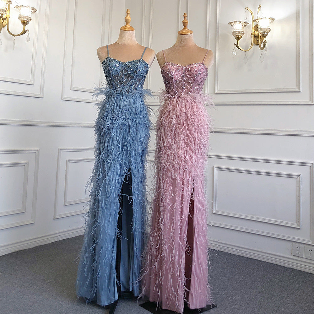 Suspender Feather Slim-fit Host Annual Party Banquet Engagement Dress - kinko