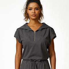 Loose Half Zipper And Lapel Sleeveless Top Casual Trousers Lace-up Shorts Three-piece Set - kinko