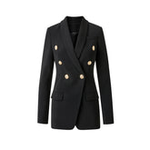 Double Breasted Pure Black Waist Slim-fit Commute Blazer Collar Coat - kinko