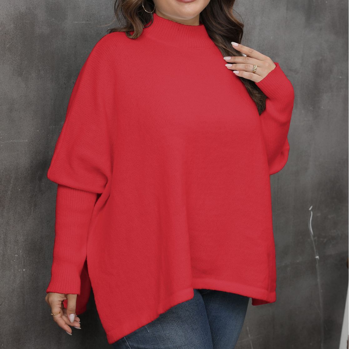 Women's Pullover Plus Size Loose Split Batwing Sleeve Half Collar Top - kinko