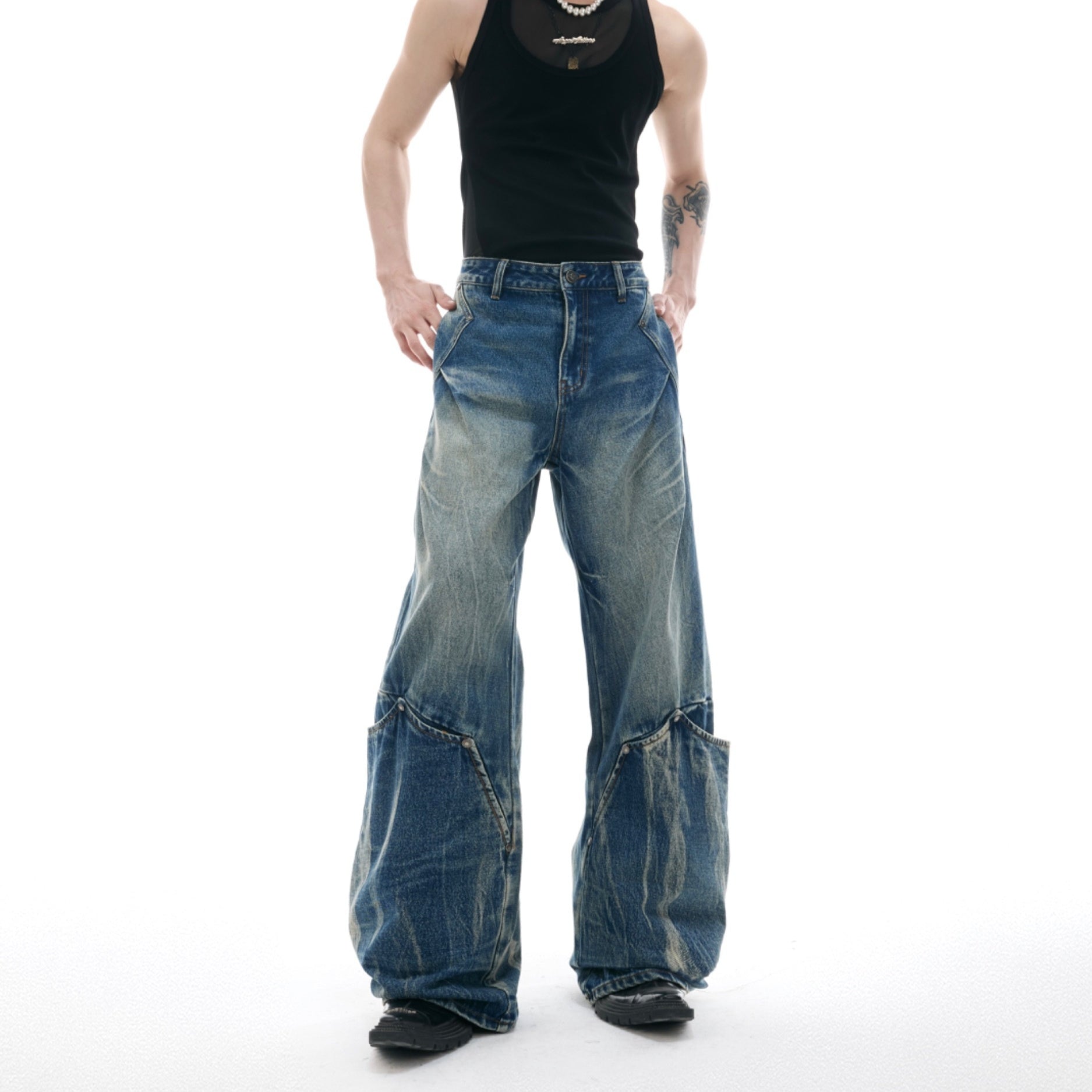 Men's Retro Washed Burst Pattern Curved Knife Jeans - kinko