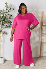 Double Take Full Size Round Neck Slit Top and Pants Set - kinko