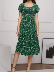 Square Collar Short Sleeve Dress Summer Puff Floral Printed Dress Long Dresses - kinko