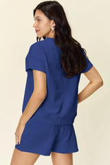 Double Take Full Size Texture Short Sleeve T-Shirt and Drawstring Shorts Set - kinko