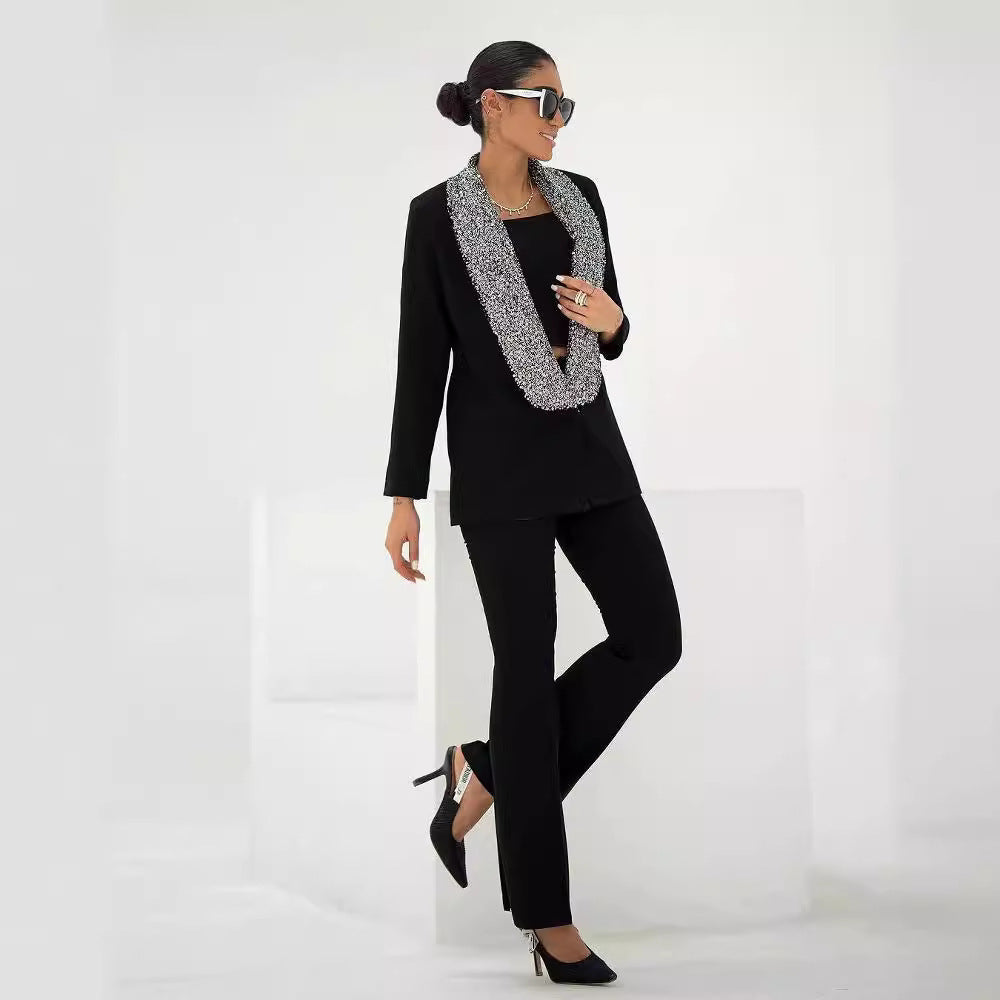 Black Shiny Sequined Deep V-neck Blazer - kinko