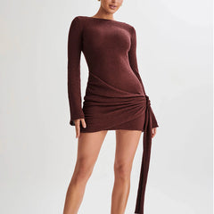 Fashion Slim Long-sleeved Dress Y2K Sexy Hip-hugging V-shaped Backless Short Dresses Womens Clothing - kinko