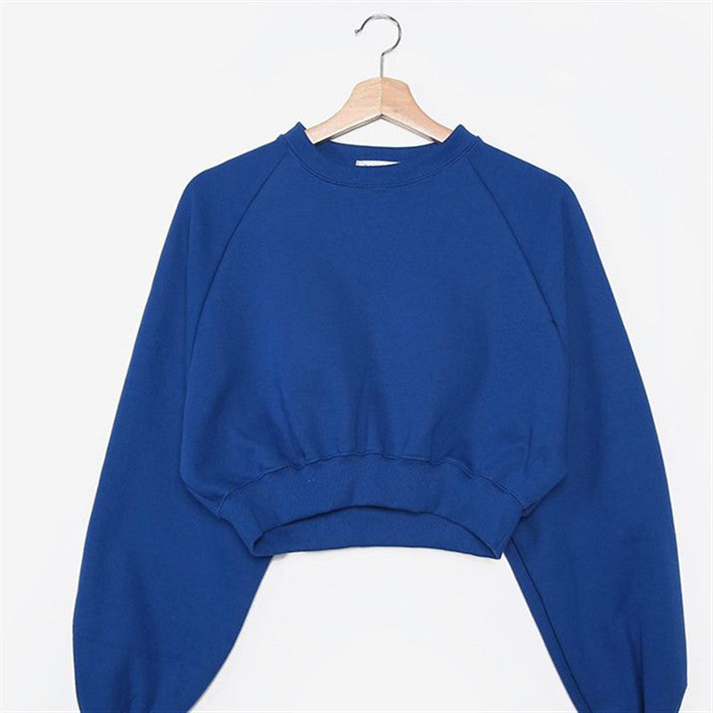 Round Neck Waist Trimming High Waist Short Sweatshirt - kinko