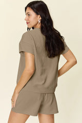 Double Take Full Size Texture Short Sleeve T-Shirt and Drawstring Shorts Set - kinko