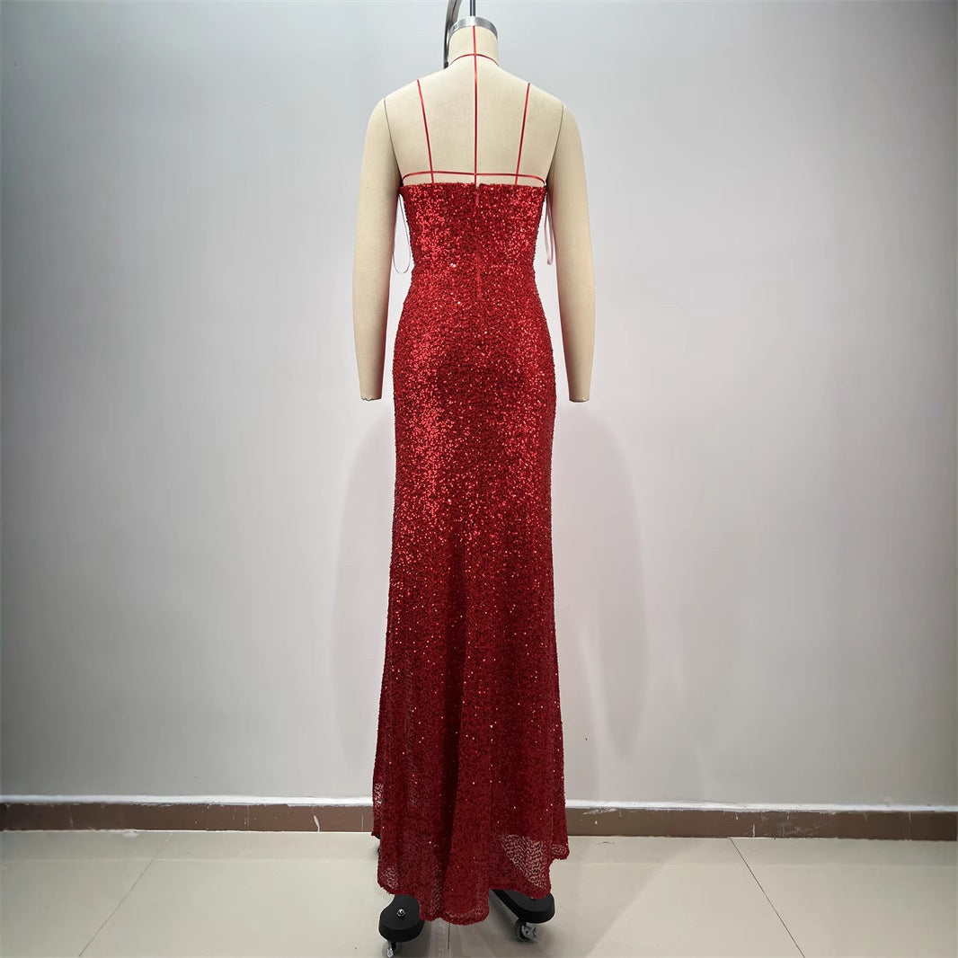 Drop-shaped Diamond Sexy Low-cut High Sitt Red Paillette Tube Coat And Dress - kinko