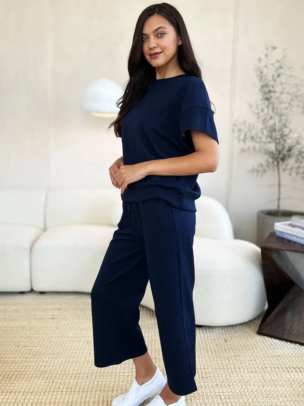 Double Take Full Size Texture Short Sleeve Top and Pants Set - kinko