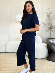 Double Take Full Size Texture Short Sleeve Top and Pants Set - kinko
