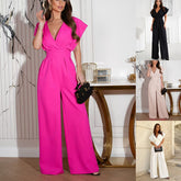 V-neck Solid Color Waist Tight Jumpsuit - kinko