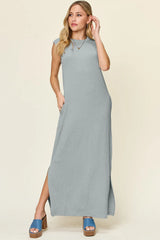 Double Take Full Size Texture Mock Neck Sleeveless Maxi Dress - kinko