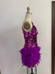 Purple Sequined Feather Skirt One-shoulder Sleeve Short Dress Luxury Party Stage Performance Dress - kinko