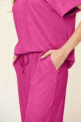 Double Take Full Size Texture Round Neck Short Sleeve T-Shirt and Wide Leg Pants - kinko