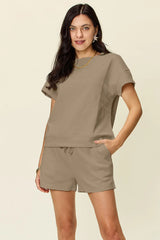 Double Take Full Size Texture Short Sleeve T-Shirt and Drawstring Shorts Set - kinko