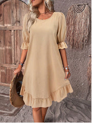 Fashion Ruffle Short-sleeved Dress Summer Solid Color Round Neck Loose Straight Dresses Womens Clothing - kinko