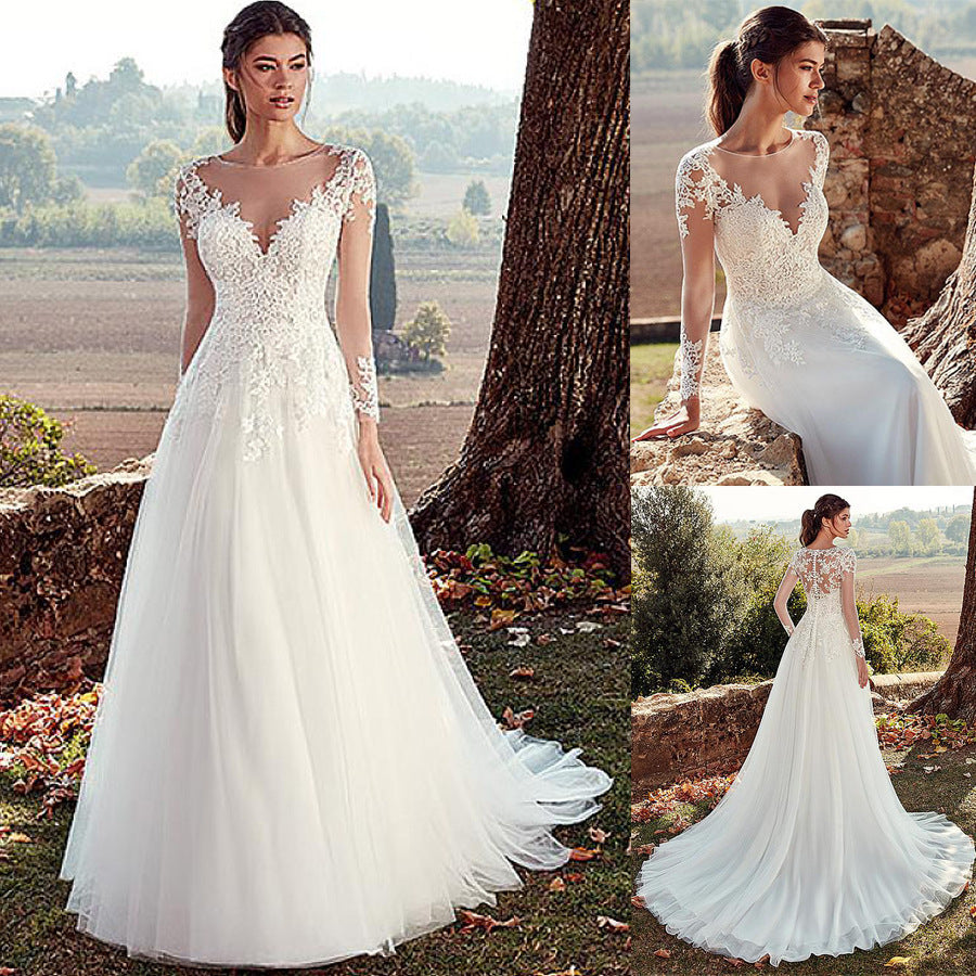 High U-neck Lace Long Sleeve A- Line Long Tail Simple Wedding Dress - kinko