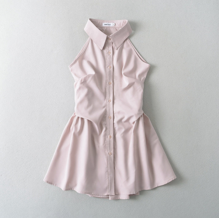 2024 Summer New Pure Desire Style Slim Fit Slimming Waist Pleating Sleeveless Shirt Dress Polo Collar Dress - kinko