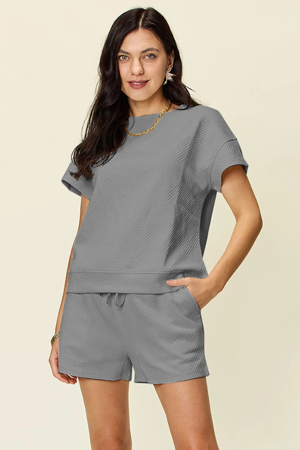 Double Take Full Size Texture Short Sleeve T-Shirt and Drawstring Shorts Set - kinko