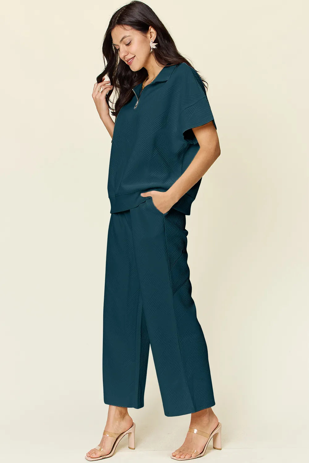 Double Take Full Size Texture Half Zip Short Sleeve Top and Pants Set - kinko