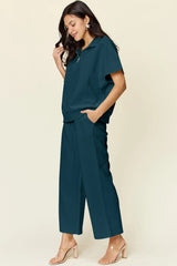 Double Take Full Size Texture Half Zip Short Sleeve Top and Pants Set - kinko