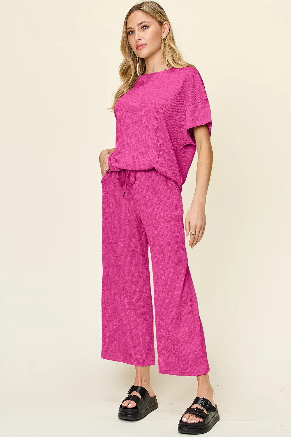 Double Take Full Size Texture Round Neck Short Sleeve T-Shirt and Wide Leg Pants - kinko