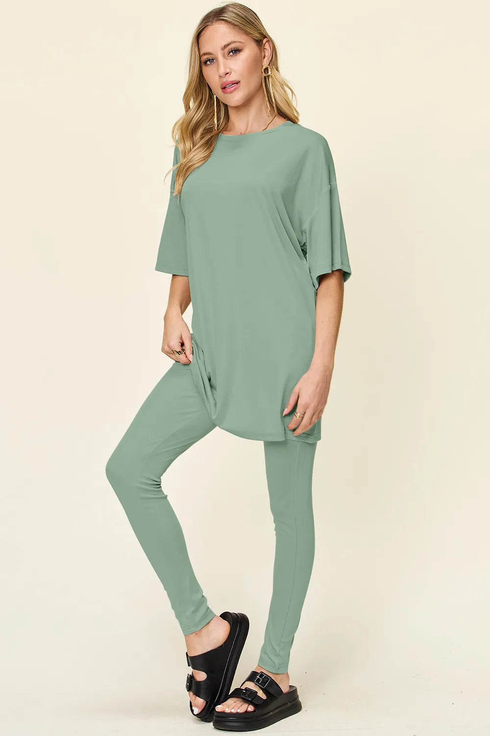 Double Take Full Size Round Neck Dropped Shoulder T-Shirt and Leggings Set - kinko