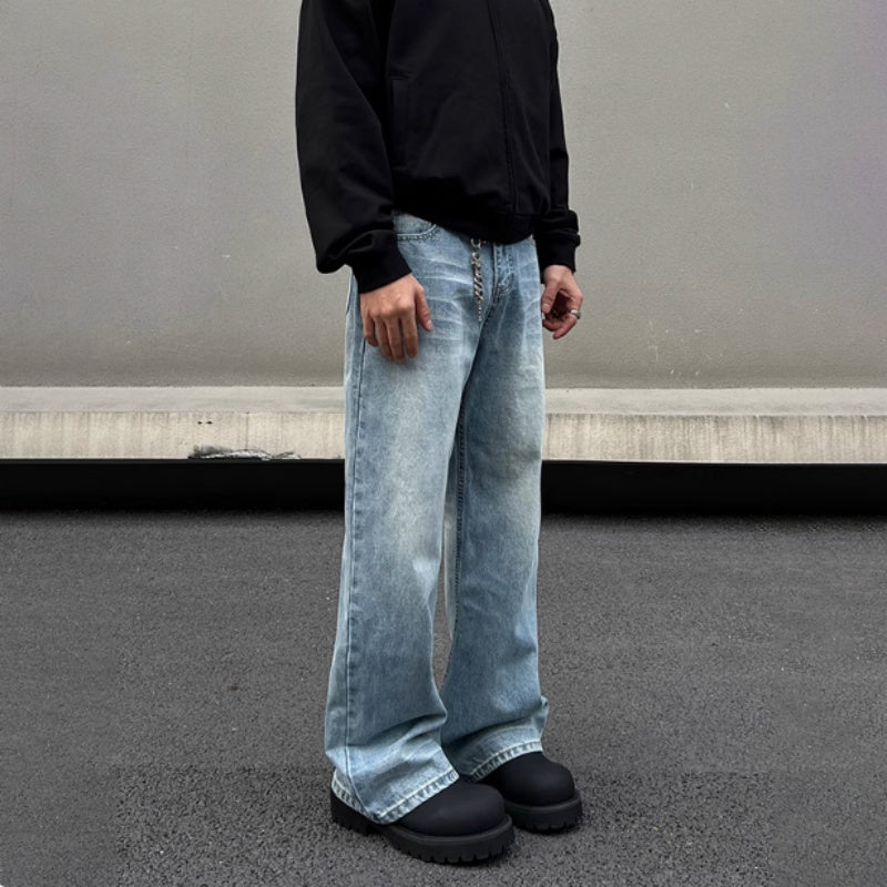 Men's Retro Whisker Washed Blue Straight Jeans - kinko