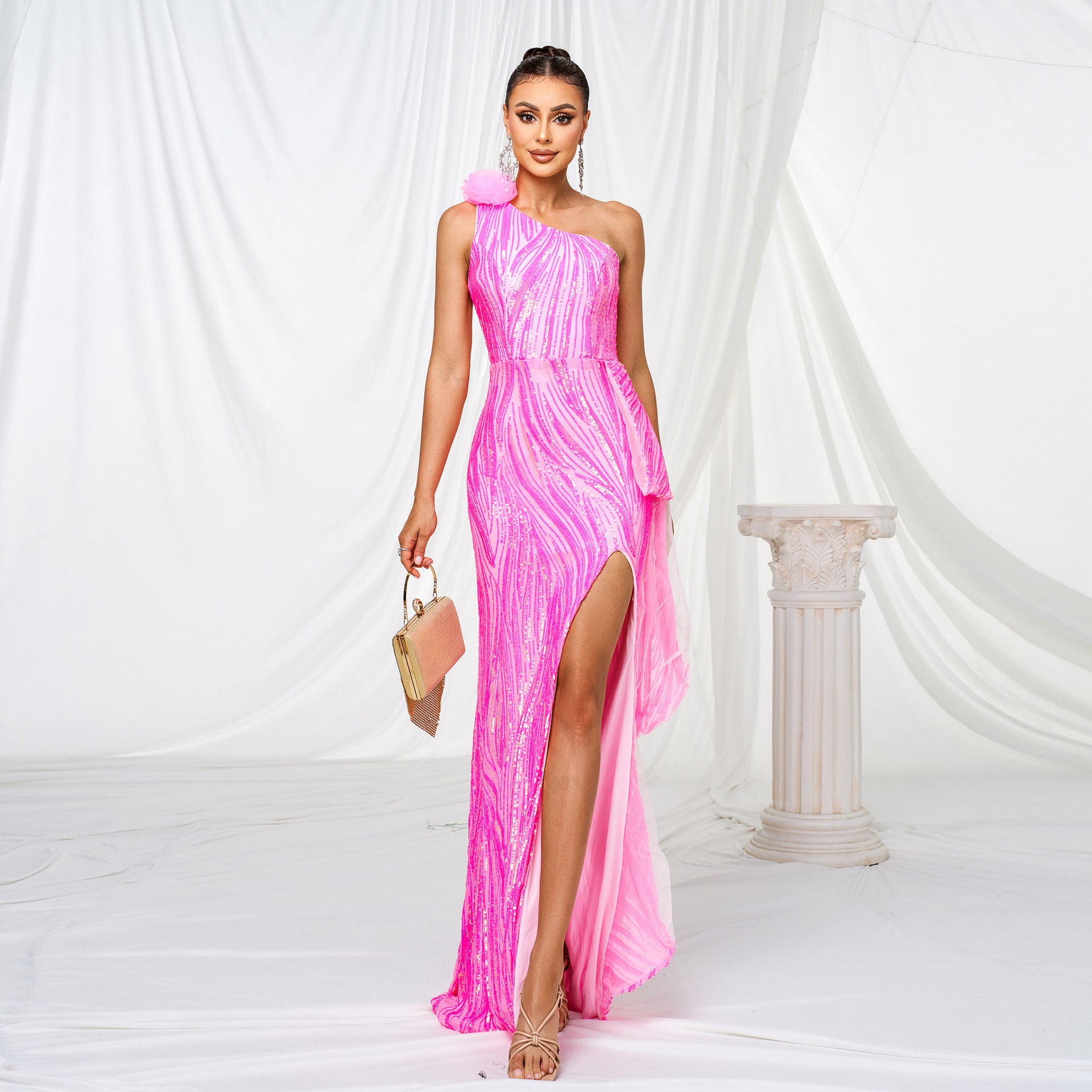 One-shoulder Diagonal Collar Sequined Slit Evening Dress - kinko