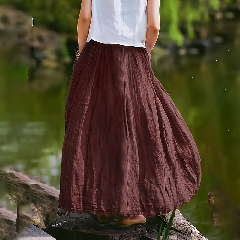 Women Bohemian Beach A-Line Dress Elastic Waist Flowy Long Maxi Skirt With Pockets - kinko