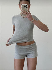 Casual Women's Workout Two-piece Short Sleeve High Waist Fold Bell-bottom Pants Shorts - kinko