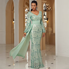 Long Sleeve Sexy Long Sequined V-neck Banquet Ribbon Evening Dress - kinko