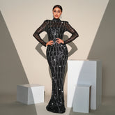 Long Sleeve Round Neck Slim-fit Sequined Banquet Evening Dress - kinko