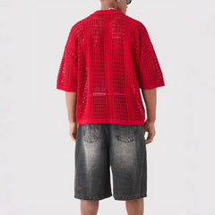 Hollow Mesh Texture Knitted Short-sleeved Polo Shirt - kinko