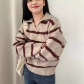 Fall And Winter Lapels Contrast Color Striped Pullover Sweater Long Sleeve Loose Casual Knitted Top For Women