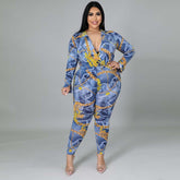 Plus Size Women's Autumn New Fashion V-neck Printed Shirt Trousers Suit - kinko
