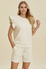 Double Take Full Size Texture Round Neck Ruffle Sleeve Top and Shorts Set - kinko